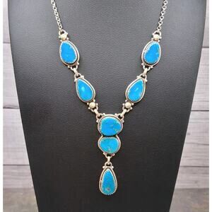 Southwestern Kingman Turquoise Lariat Necklace 18-20in Y Drop Sterling Silver